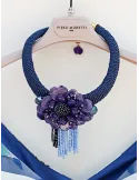 Handmade blue short necklace with turquoise worked flower