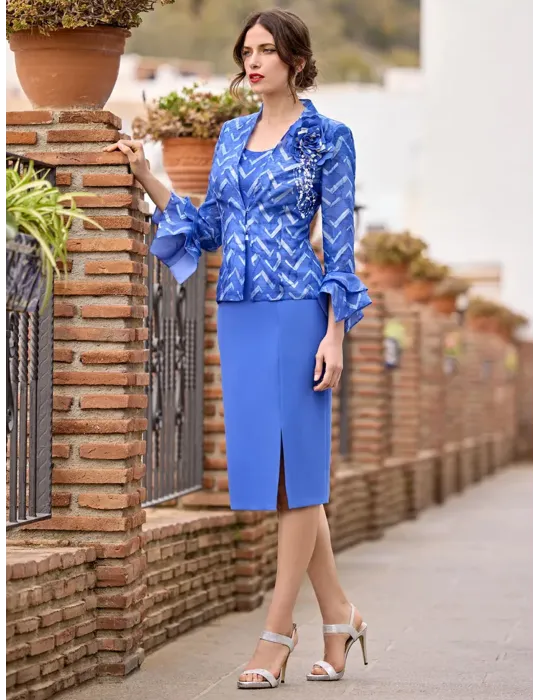 Blue formal Two-Piece dress and jacket with Flower Brooch