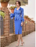 Blue formal Two-Piece dress and jacket with Flower Brooch