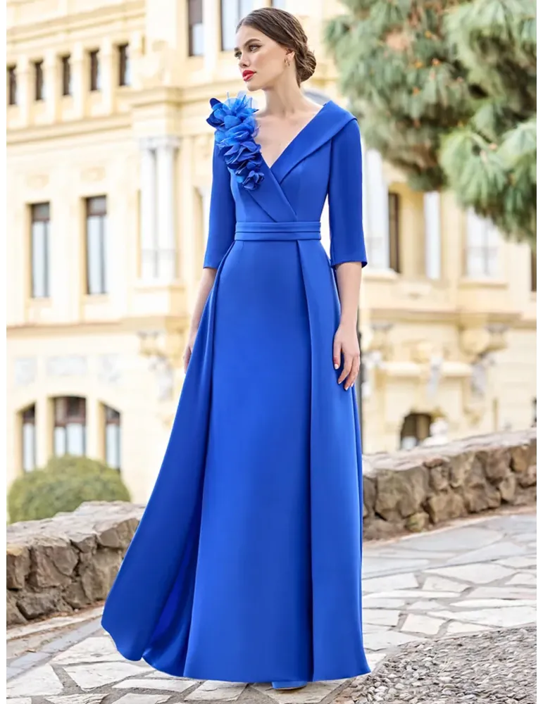 Sonia Pena Blue Mermaid Evening Dress with Collar & Flower Sonia Pena Blue Mermaid Evening Dress with Collar & Flower