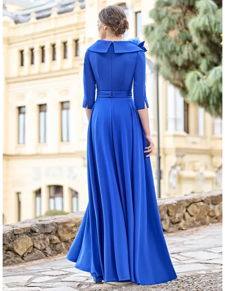 Sonia Pena Blue Mermaid Evening Dress with Collar & Flower