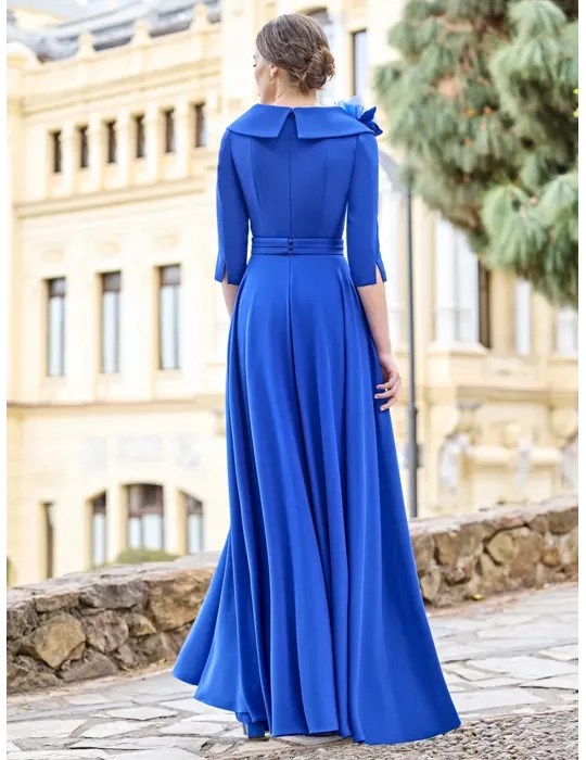 Sonia Pena Blue Mermaid Evening Dress with Collar & Flower