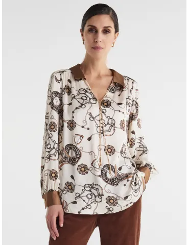 Piero Moretti Vanilla and Beige Equestrian-Print Shirt Blouse