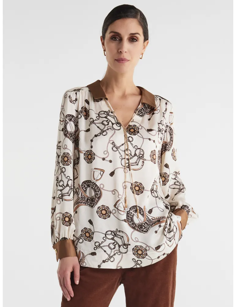 Piero Moretti Vanilla and Beige Equestrian-Print Shirt Blouse