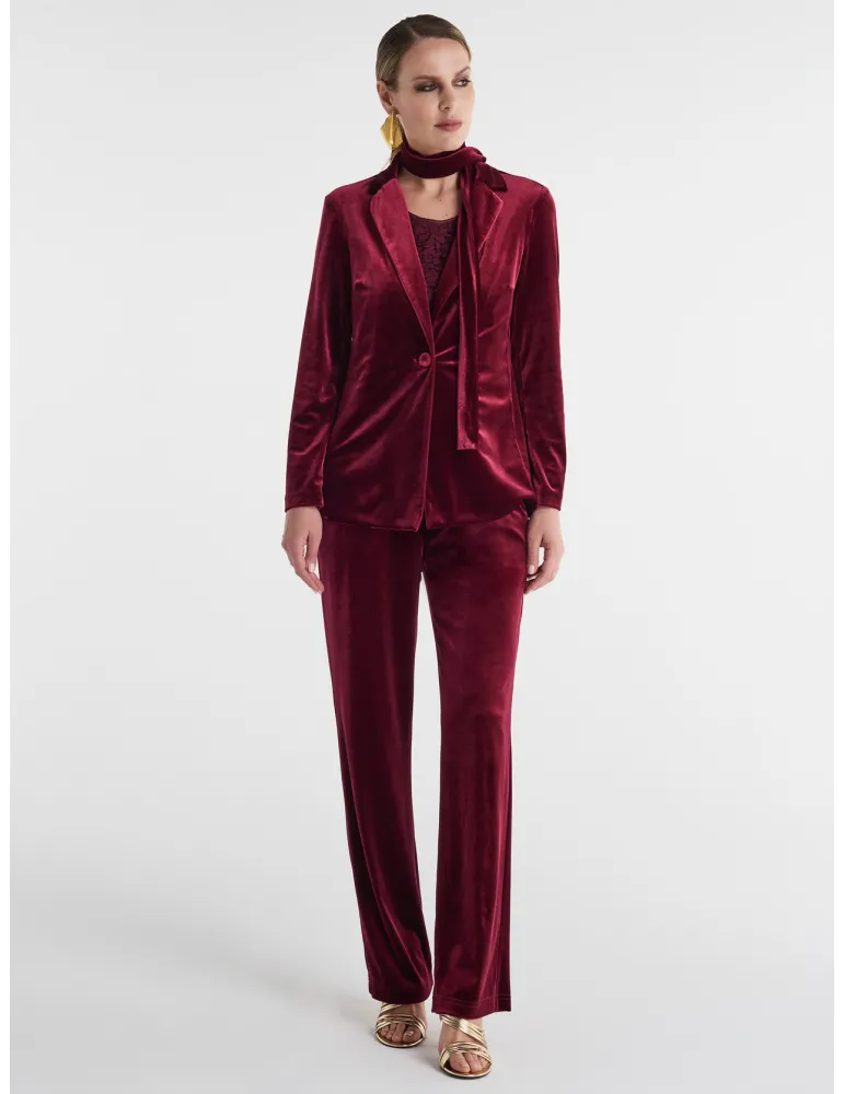 Piero Moretti burgundy velvet tuxedo jacket pantsuit