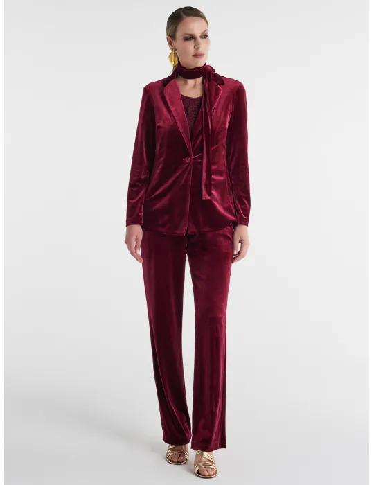 Piero Moretti burgundy velvet tuxedo jacket pantsuit