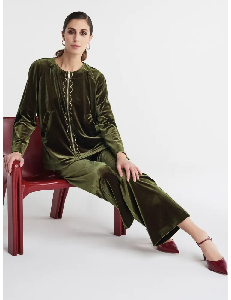 Piero Moretti green velvet track pantsuit with rhinestones