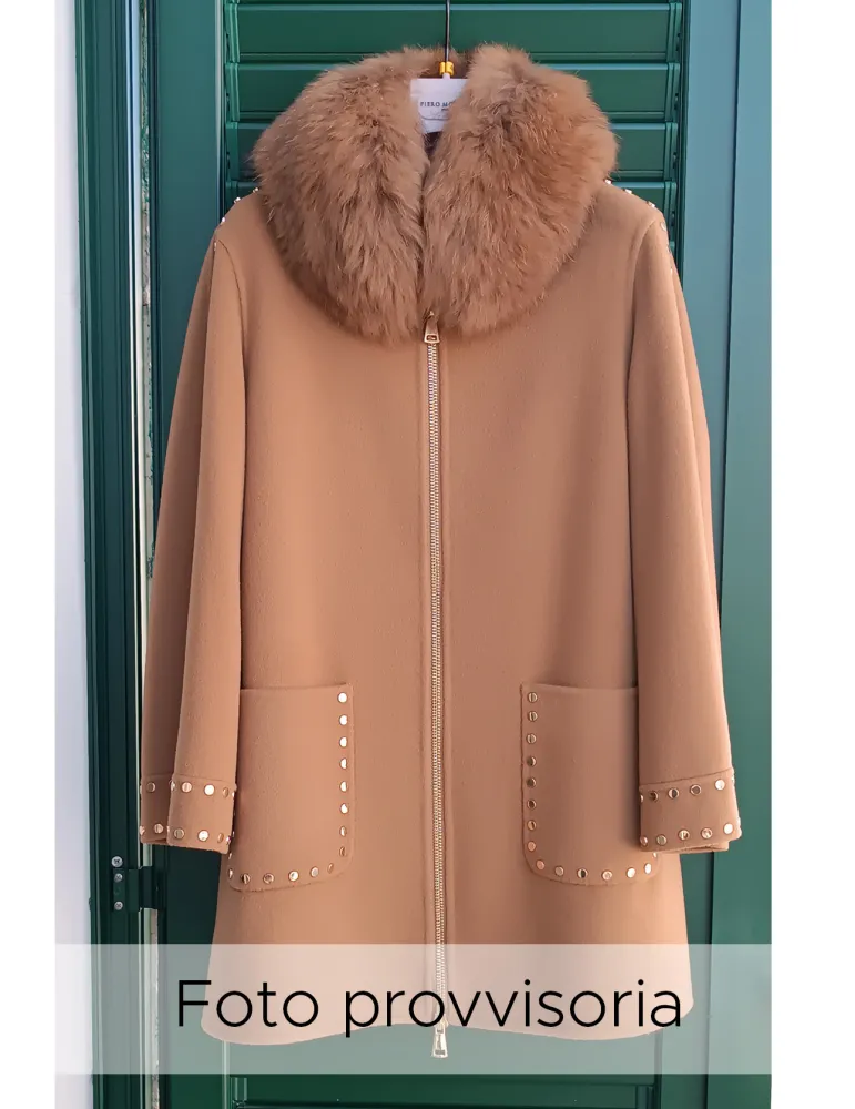 Piero Moretti camel brown wool coat with fur and studs