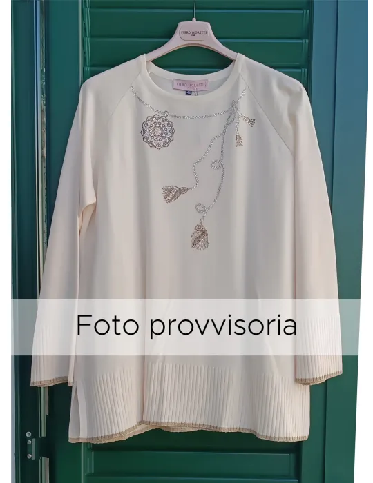 Piero Moretti | Maglia maxi pull bianco crema con ricami di strass