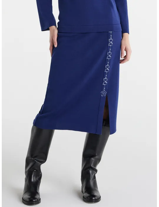 Piero Moretti Royal blue wool midi skirt with embroidery