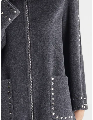 Piero Moretti | Plus size Grey wool coat long zipped jacket with studs 2