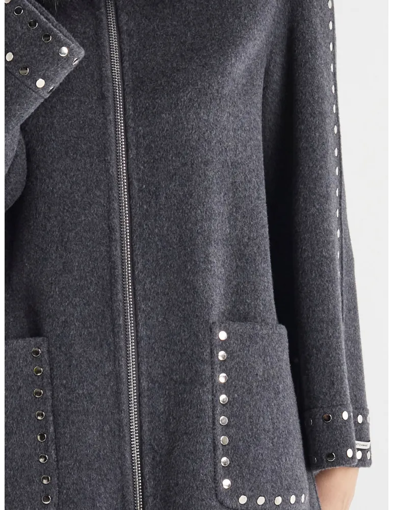 Piero Moretti | Plus size Grey wool coat long zipped jacket with studs