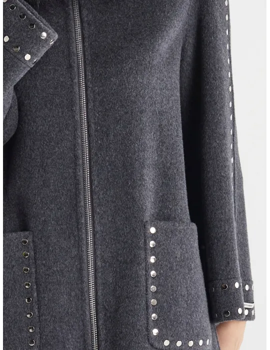 Piero Moretti | Plus size Grey wool coat long zipped jacket with studs