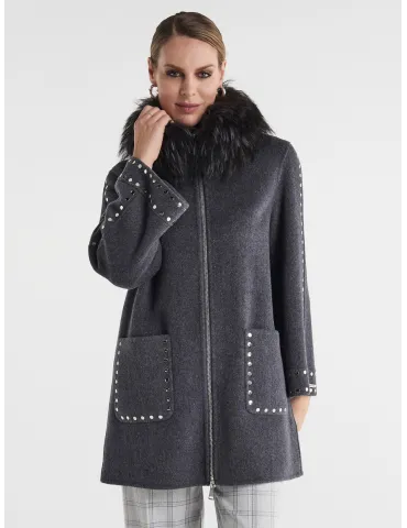 Piero Moretti | Plus size Grey wool coat long zipped jacket with studs