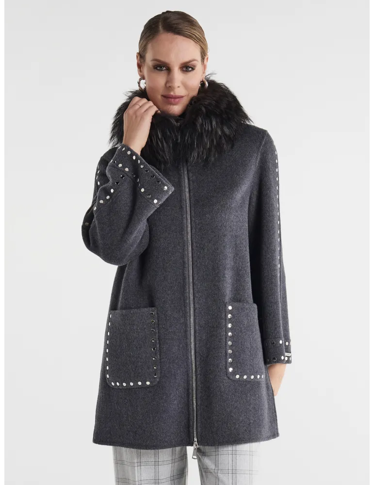 Piero Moretti | Plus size Grey wool coat long zipped jacket with studs Piero Moretti | Plus size Grey wool coat long zipped jacket with studs