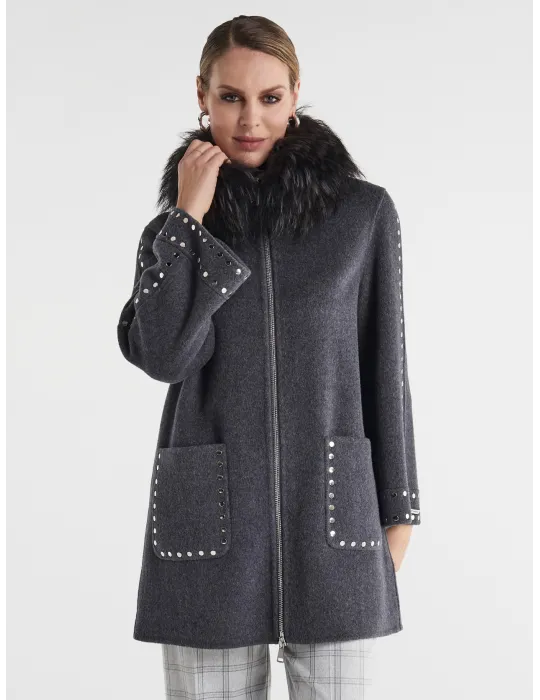 Piero Moretti | Plus size Grey wool coat long zipped jacket with studs Piero Moretti | Plus size Grey wool coat long zipped jacket with studs