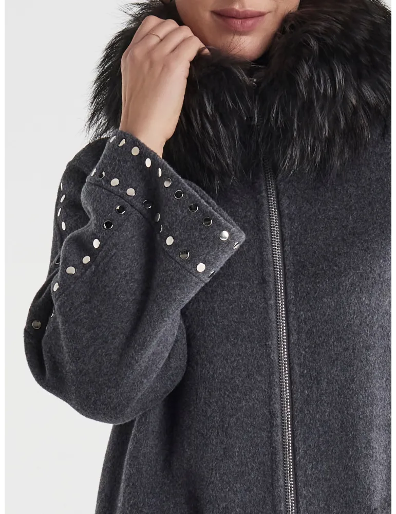 Piero Moretti grey wool coat with fur and studs embroidery