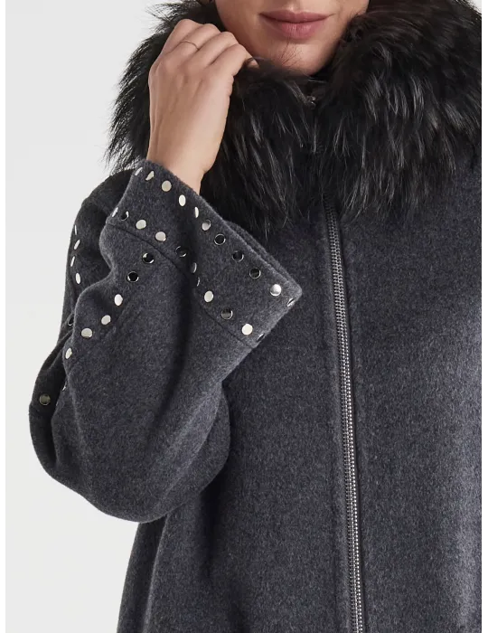 Piero Moretti | Plus size Grey wool coat long zipped jacket with studs