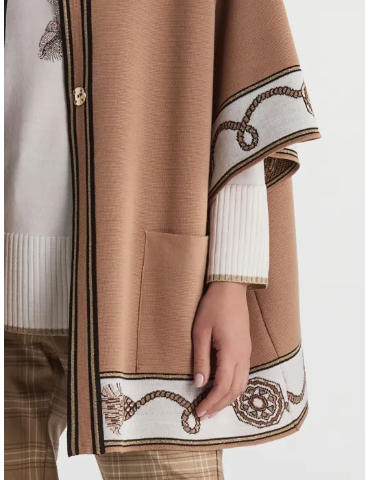 Piero Moretti Plus Size Camel brown wool Cape Jacket with golden inlays