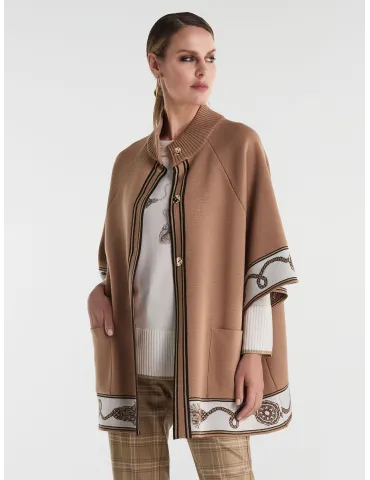 Piero Moretti Plus Size Camel brown wool Cape Jacket with golden inlays
