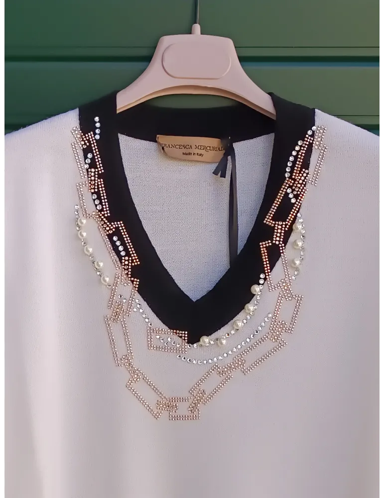 Maglia bianca e nera con ricami di perle e strass Francesca Mercuriali