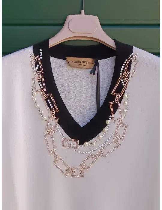 Maglia bianca e nera con ricami di perle e strass Francesca Mercuriali