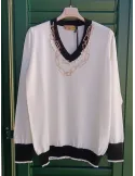 Milky white merino wool long sweater with rich embroidery
