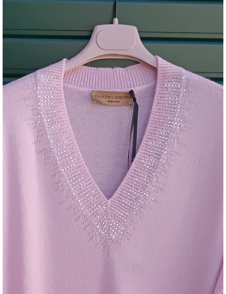 Mercuriali pink oversize cashmere sweater with rhinestones