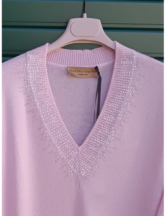 Francesca Mercuriali | Maglia oversize lana cashmere rosa con strass