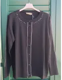 Black merino wool cardigan jacket with crystals embroidery