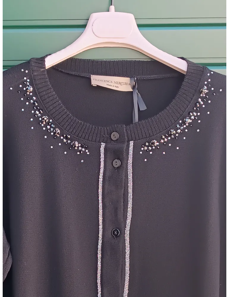 Black merino wool cardigan jacket with crystals embroidery
