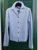 Light Blue Alpaca Wool Polo-Collar Knit Cardigan Jacket