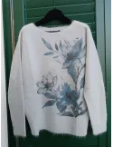 Volpato pearl grey Alpaca Wool Sweater with Blue Floral Print