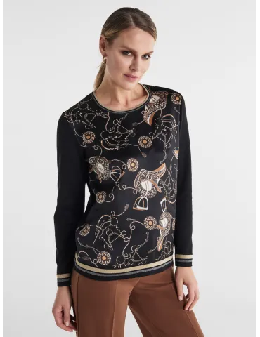 Piero Moretti Vanilla and Beige Equestrian-Print Shirt Blouse
