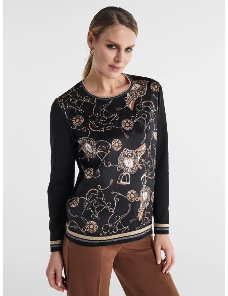 Piero Moretti Vanilla and Beige Equestrian-Print Shirt Blouse Piero Moretti Vanilla and Beige Equestrian-Print Shirt Blouse