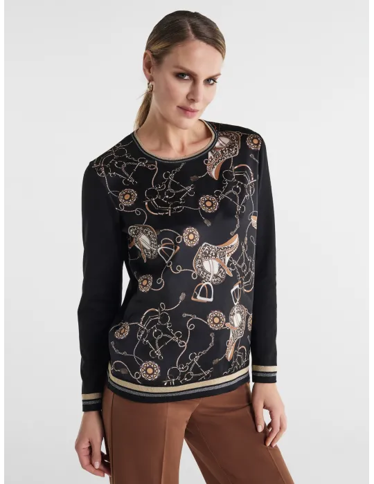 Piero Moretti Vanilla and Beige Equestrian-Print Shirt Blouse Piero Moretti Vanilla and Beige Equestrian-Print Shirt Blouse