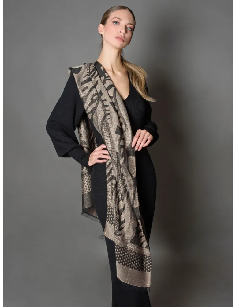 Bissoli Beige and black jacquard formal scarf with platinum lurex