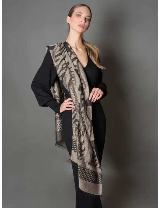 Bissoli Beige and black jacquard formal scarf with platinum lurex