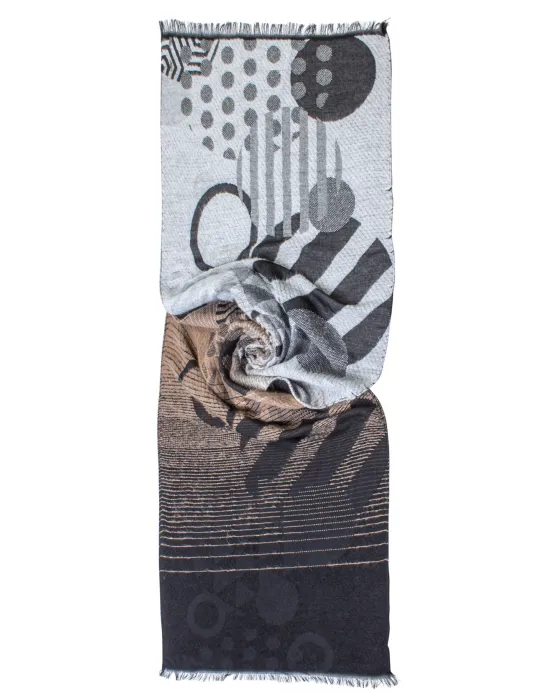Wool scarf with geometric pattern in white black and beige