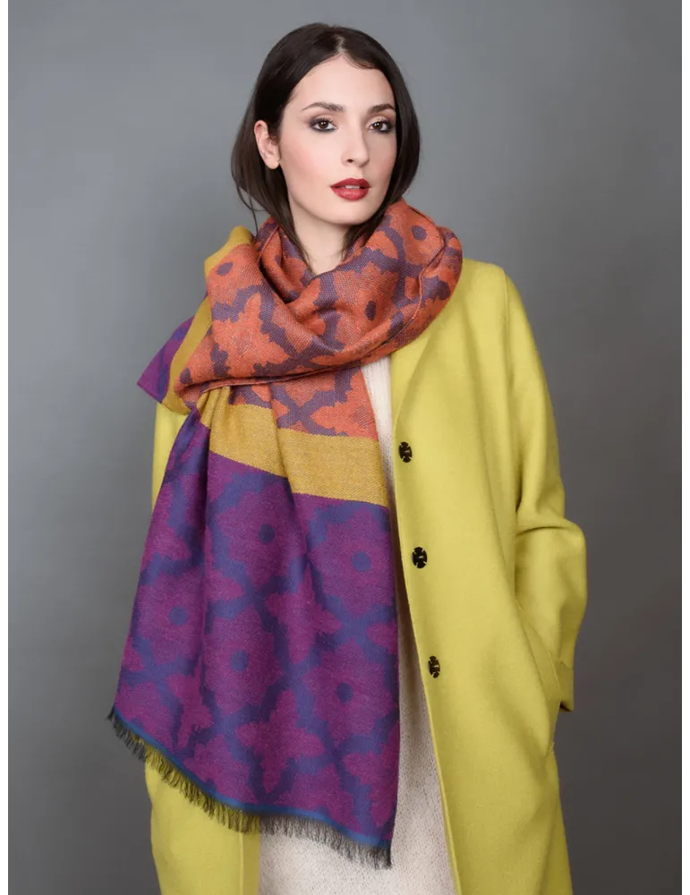 Sciarpa pashmina a fiori jacquard arancio e viola by Bissoli