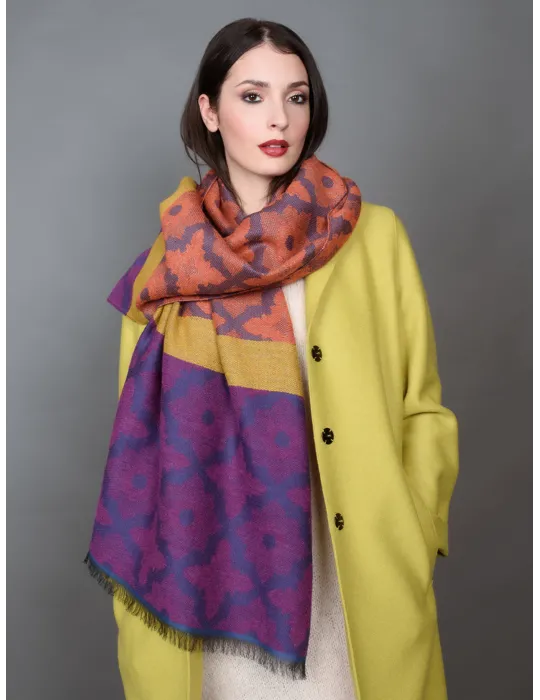 Sciarpa pashmina a fiori jacquard arancio e viola by Bissoli