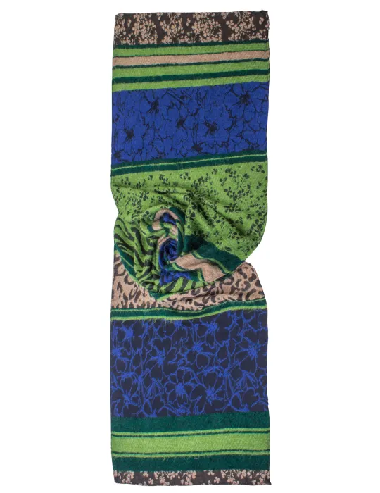 Blue green and brown wool and silk large pashmina scarf