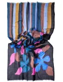 Blue and brown striped wool large pashmina scarf