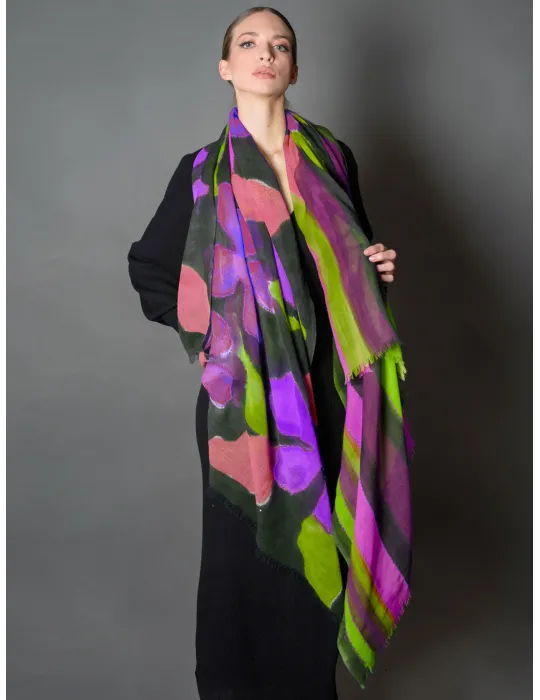 Bissoli Luxury Italian scarves | Green wool batik large pashmina scarf