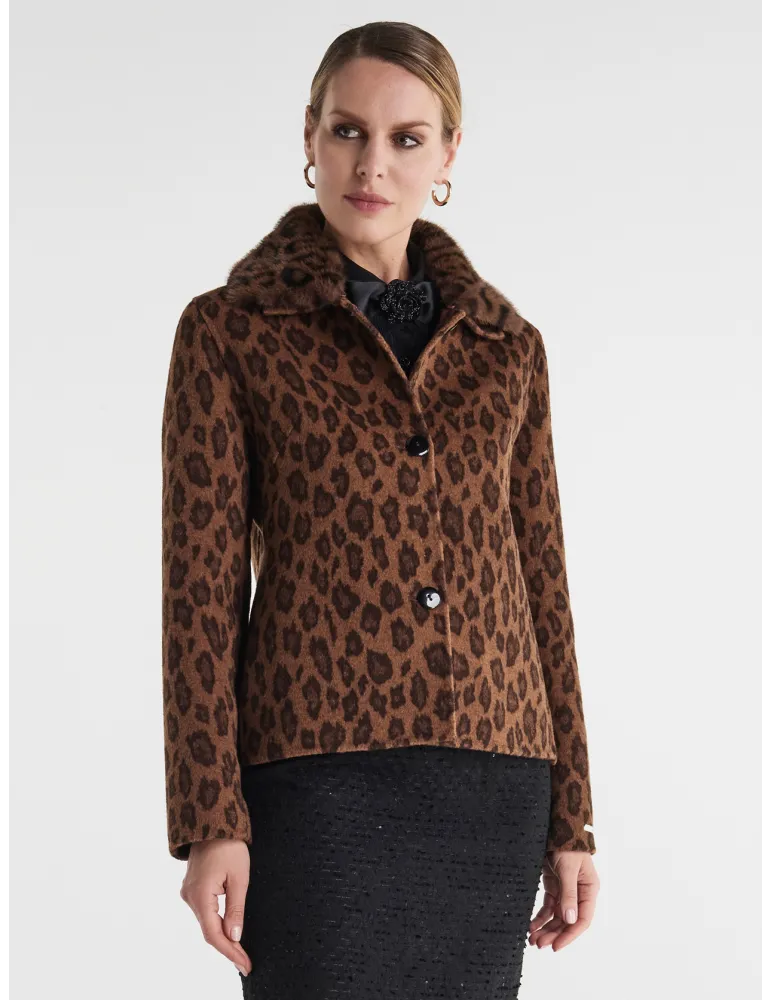 Piero Moretti leopard printed wool short jacket fur collar