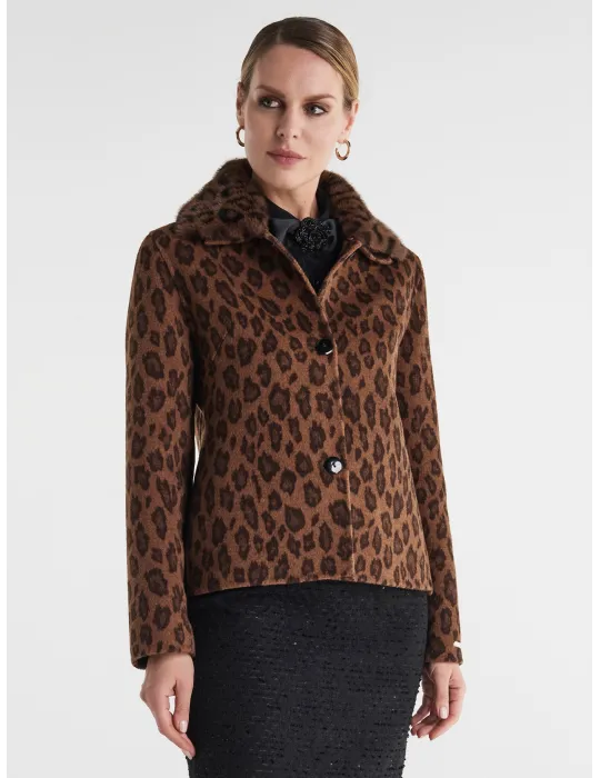 Piero Moretti leopard printed wool short jacket fur collar