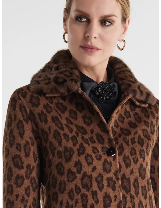Piero Moretti leopard printed wool short jacket fur collar
