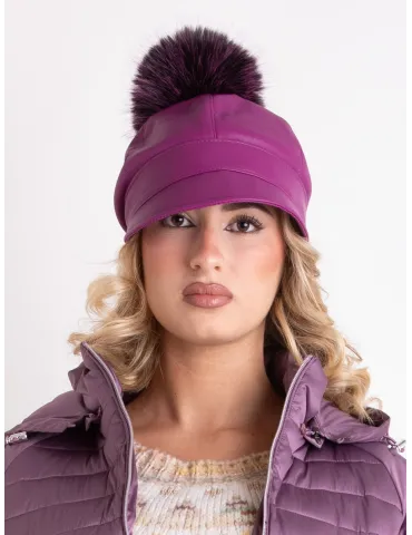 Cappelli donna Complit | Fantino antipioggia pelle con pon-pon pelliccia