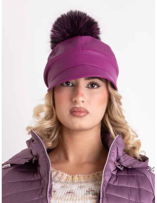 Purple rain-resistant riding cap with pom-pom