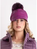 Purple rain-resistant riding cap with pom-pom